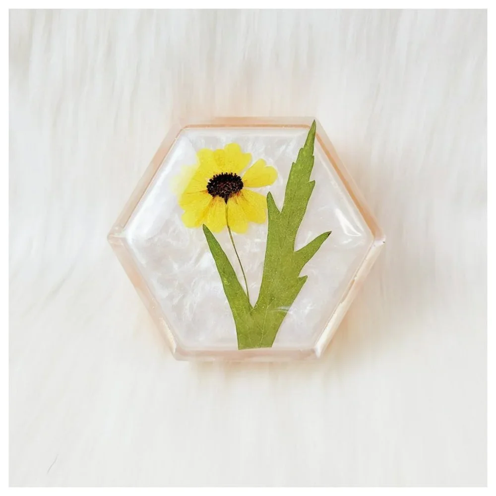 Floral Trinket Box Small Hexagon Jewelry Box Stash Box Yellow Orange White Clear